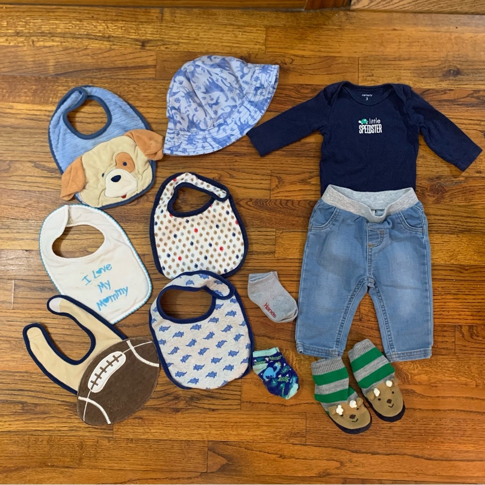 Baby Boy LS Shirt Pants Bibs Hat Socks & Shoes Bundle
LS Onesie 
Blue Jean Pants
